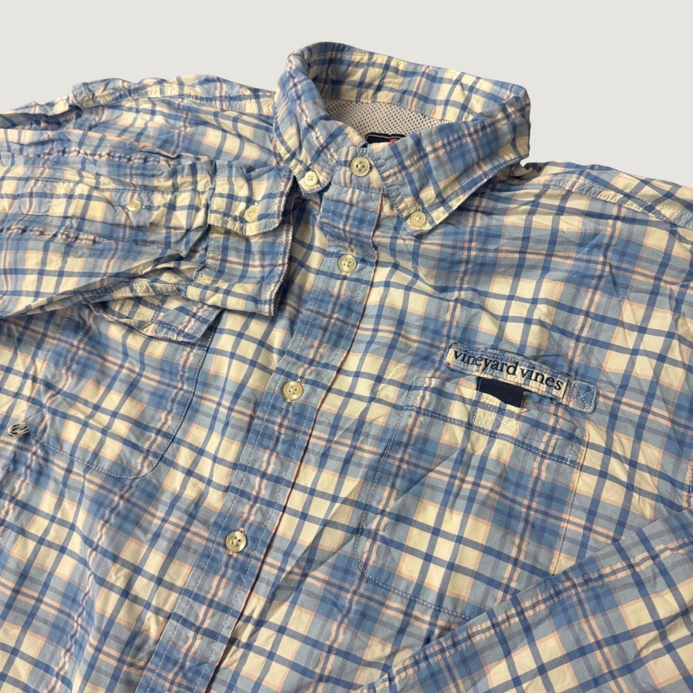 Vineyard Vines Performance Harbor Shirt Mens XL Blue Pink Plaid Fishing 1W1441